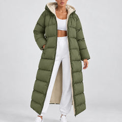 Long Hooded Puffer Coat – Olive Green