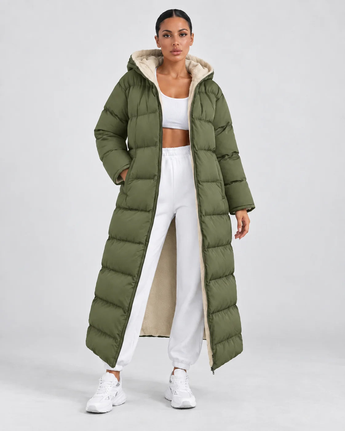 Long Hooded Puffer Coat – Olive Green