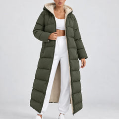 Long Hooded Puffer Coat – Olive Green