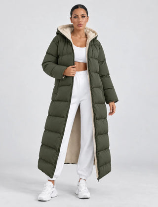 Long Hooded Puffer Coat – Olive Green