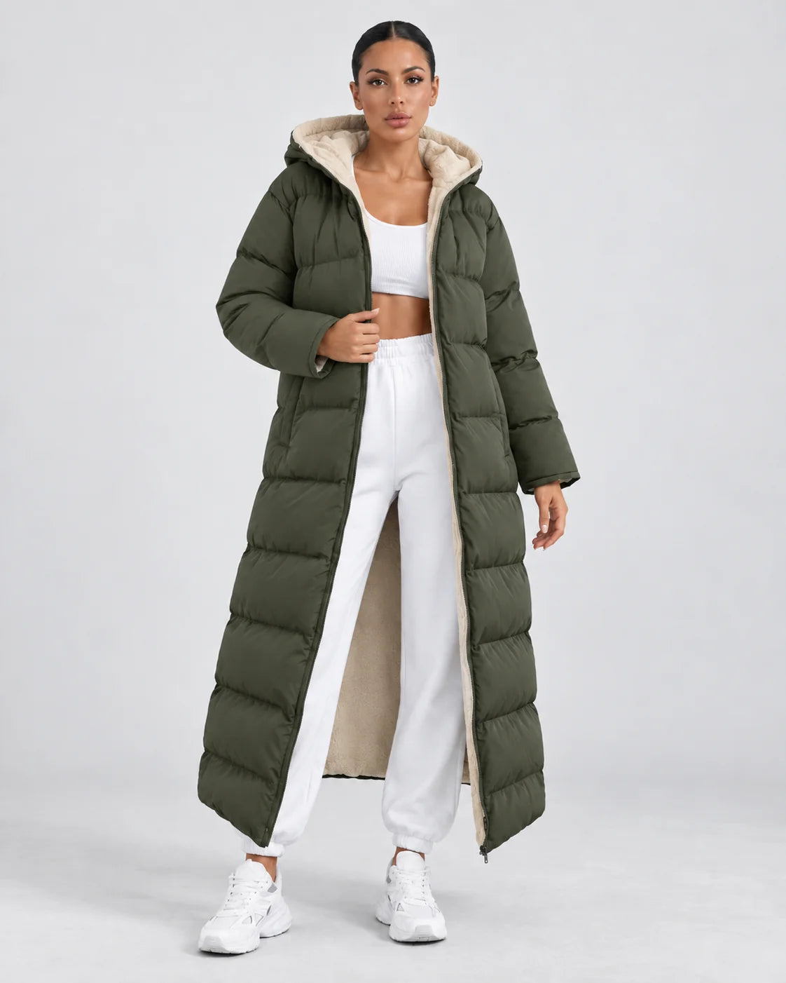 Long Hooded Puffer Coat – Olive Green