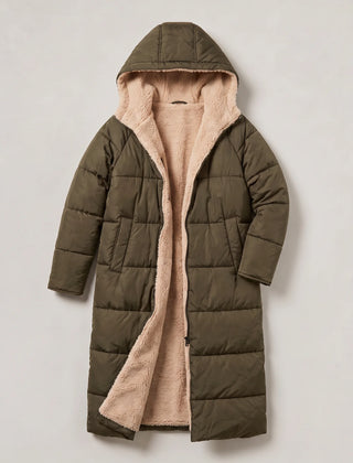 Longline Quilted Puffer Coat – Army Green