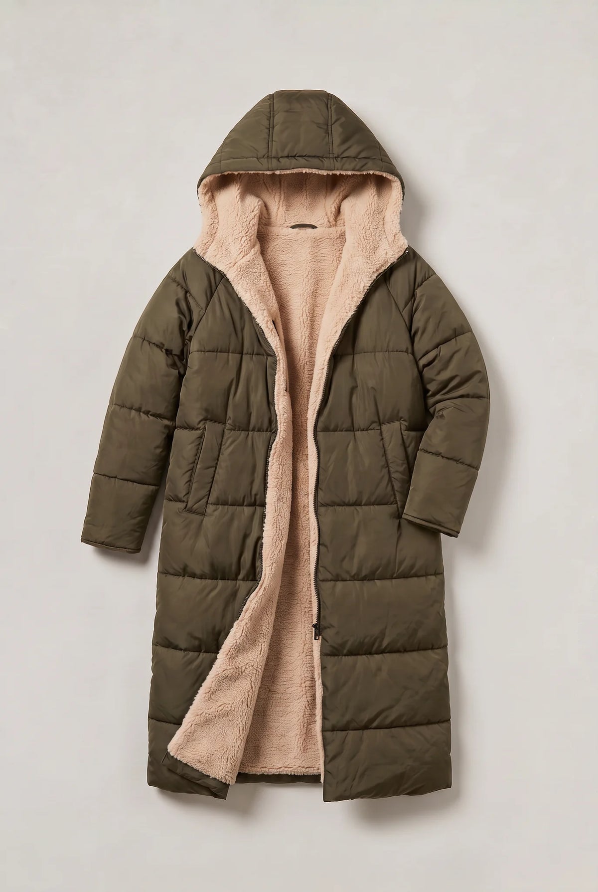 Longline Quilted Puffer Coat – Army Green
