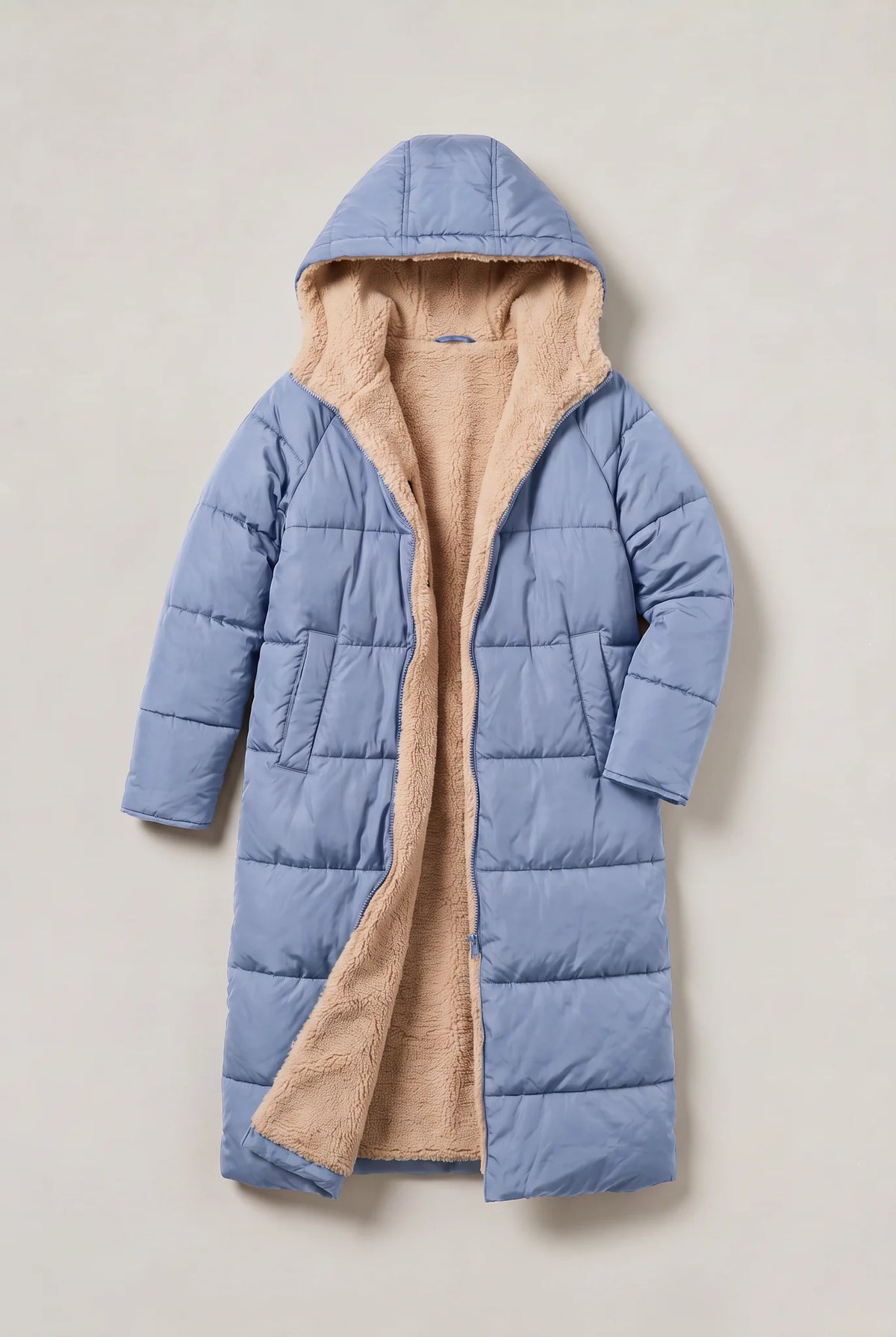 Longline Quilted Puffer Coat – Light Blue