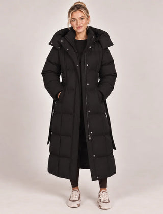 Hooded Belted Puffer Coat – Black