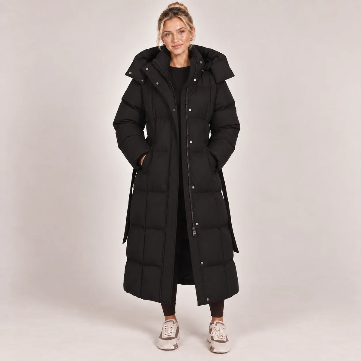 Hooded Belted Puffer Coat – Black