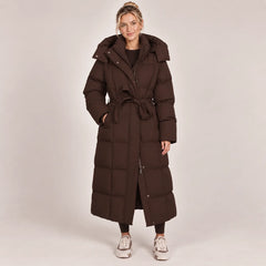 Hooded Belted Puffer Coat – Brown