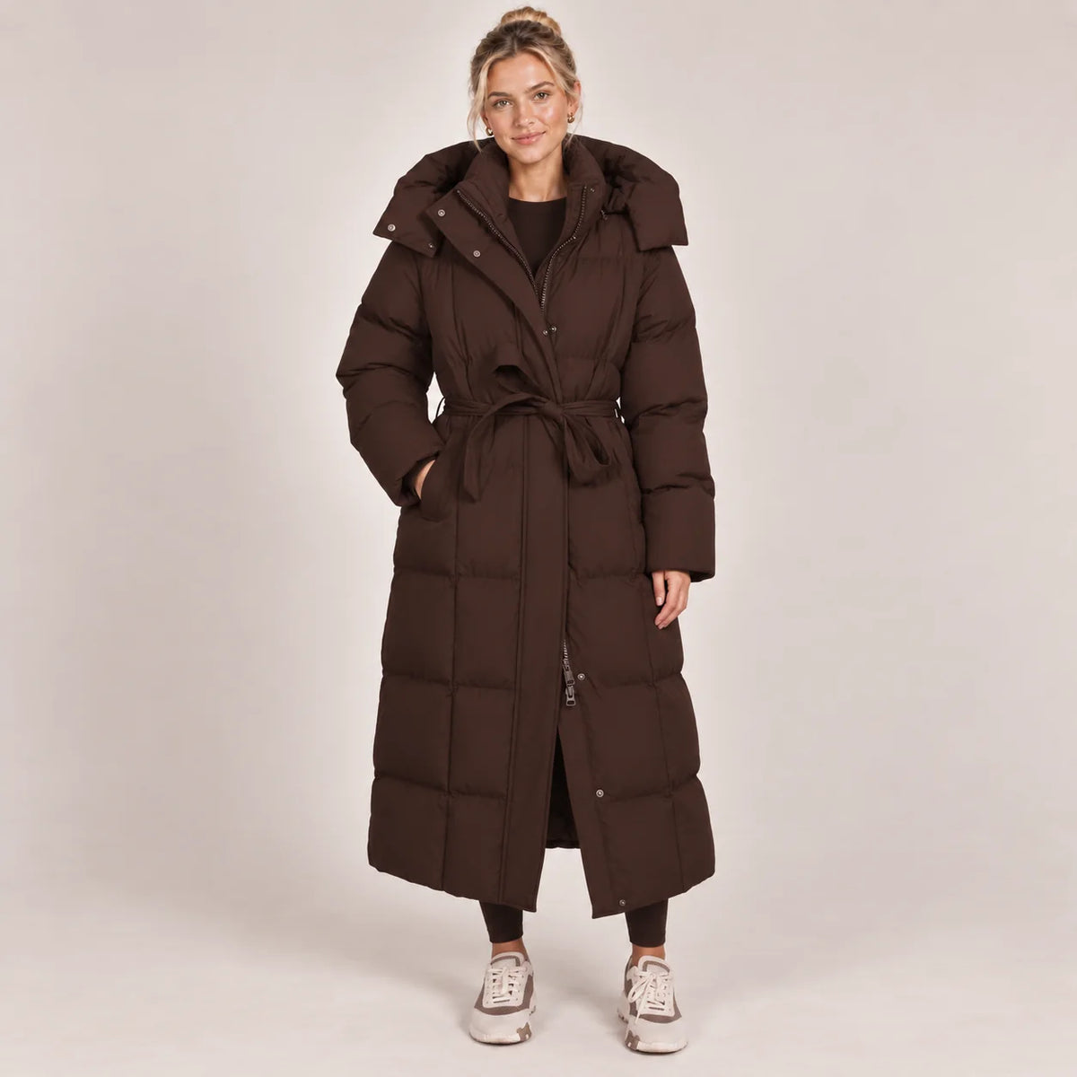Hooded Belted Puffer Coat – Brown