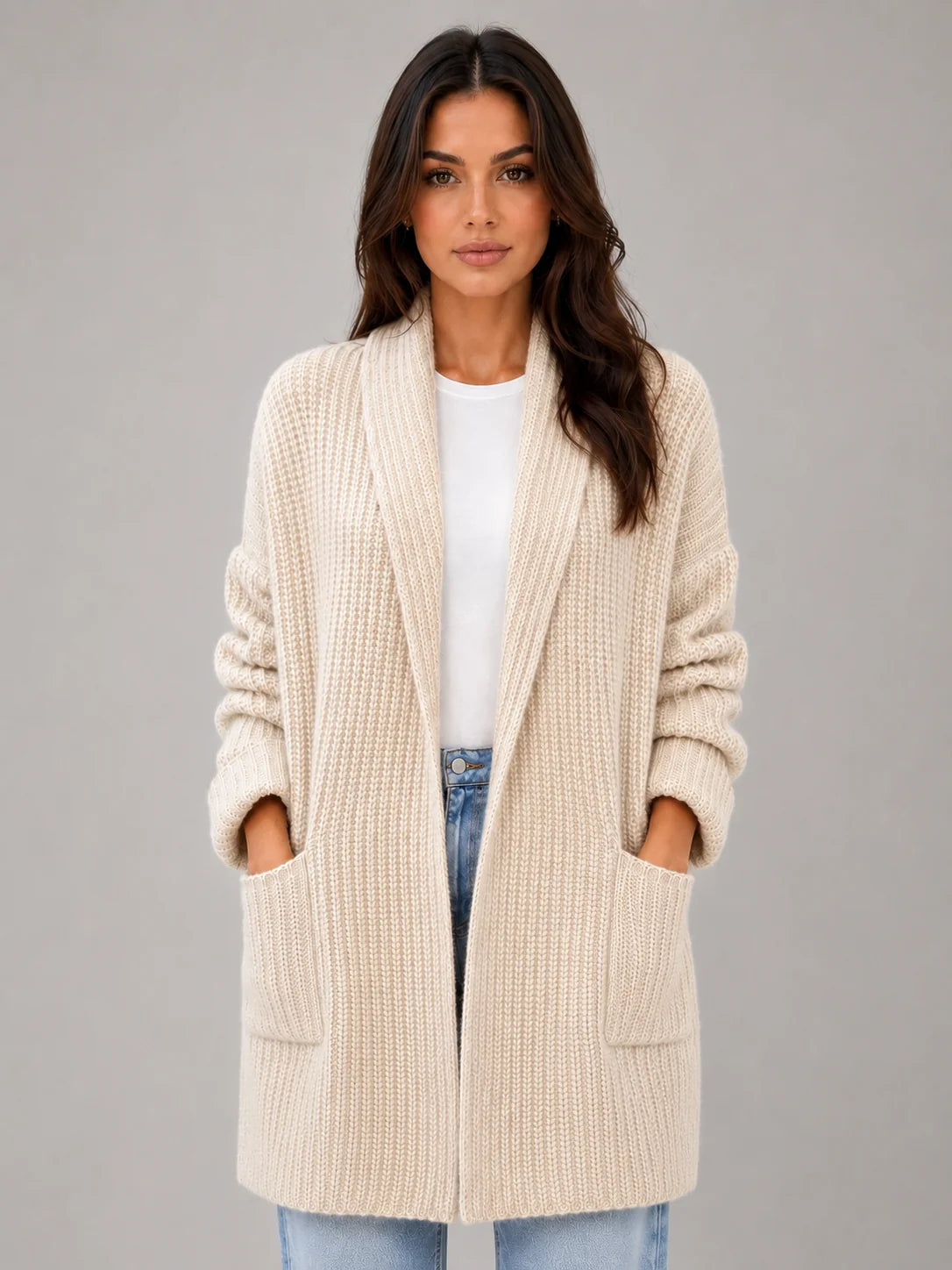 Longline Shawl Collar Cardigan – Beige