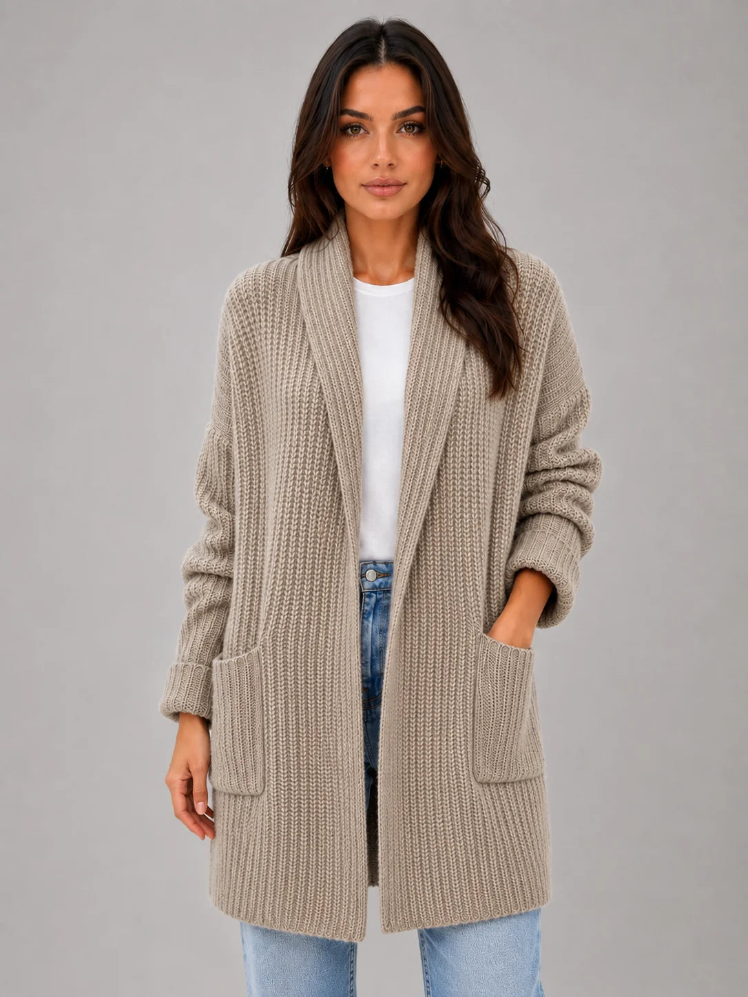 Longline Shawl Collar Cardigan – Taupe