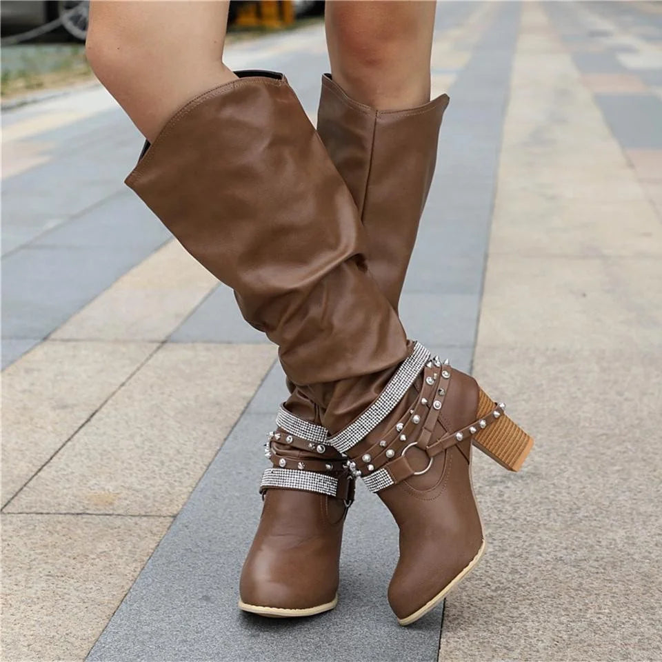 Slouchy Studded Block Heel Boots