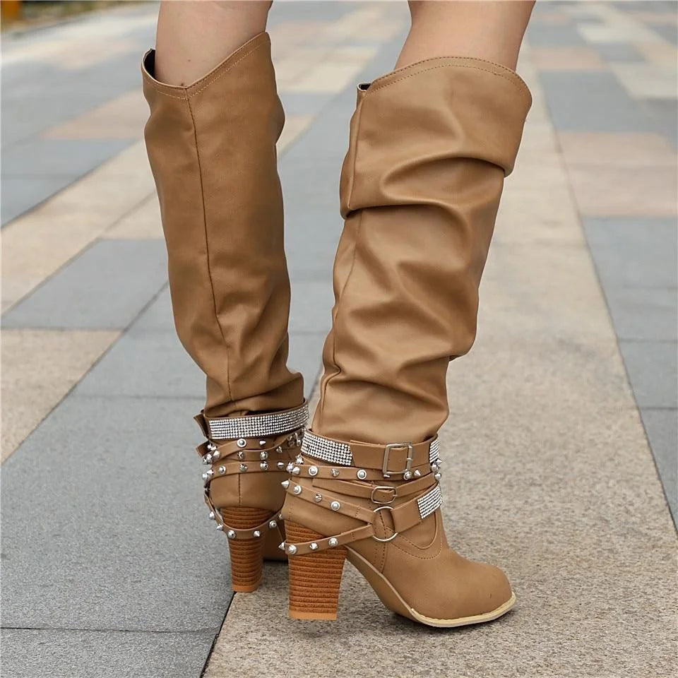 Slouchy Studded Block Heel Boots