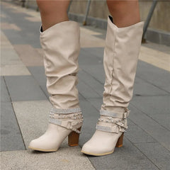 Slouchy Studded Block Heel Boots – Beige