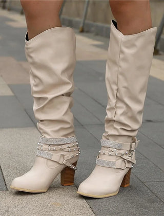 Slouchy Studded Block Heel Boots – Beige