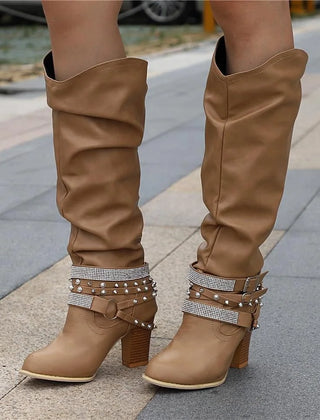 Slouchy Studded Block Heel Boots – Khaki