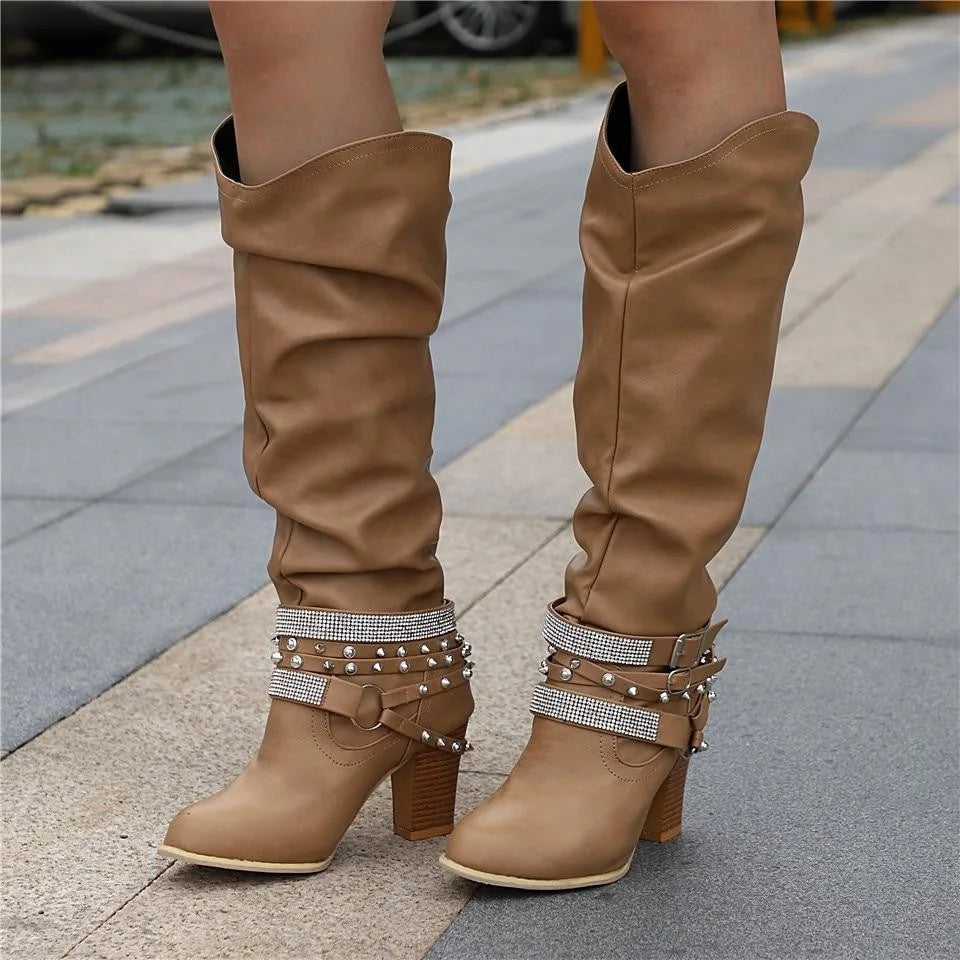 Slouchy Studded Block Heel Boots – Khaki