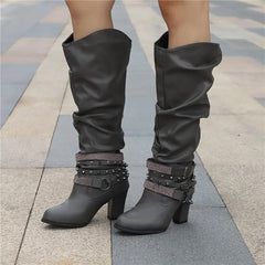 Slouchy Studded Block Heel Boots – Grey