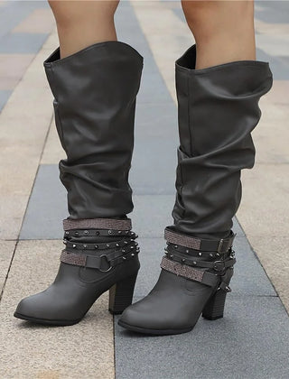 Slouchy Studded Block Heel Boots – Grey