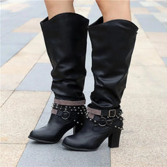 Slouchy Studded Block Heel Boots – Black