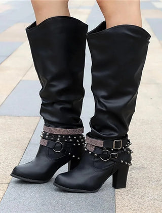 Slouchy Studded Block Heel Boots – Black