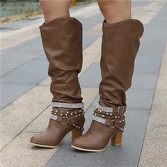 Slouchy Studded Block Heel Boots – Brown