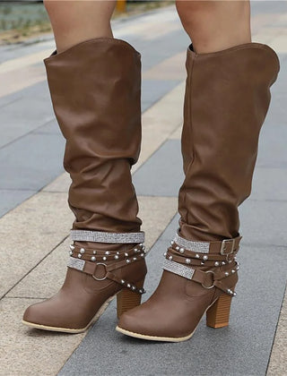 Slouchy Studded Block Heel Boots – Brown