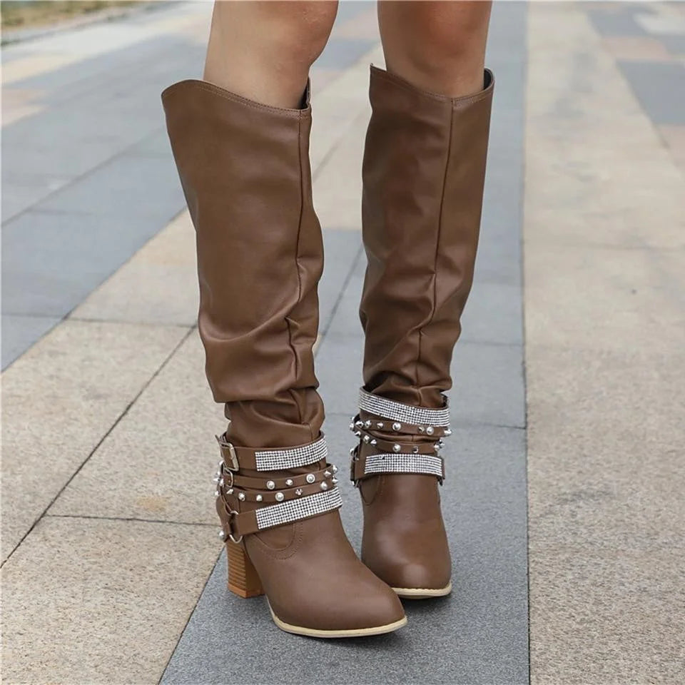 Slouchy Studded Block Heel Boots