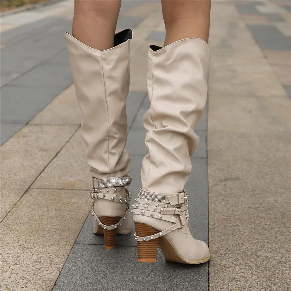 Slouchy Studded Block Heel Boots