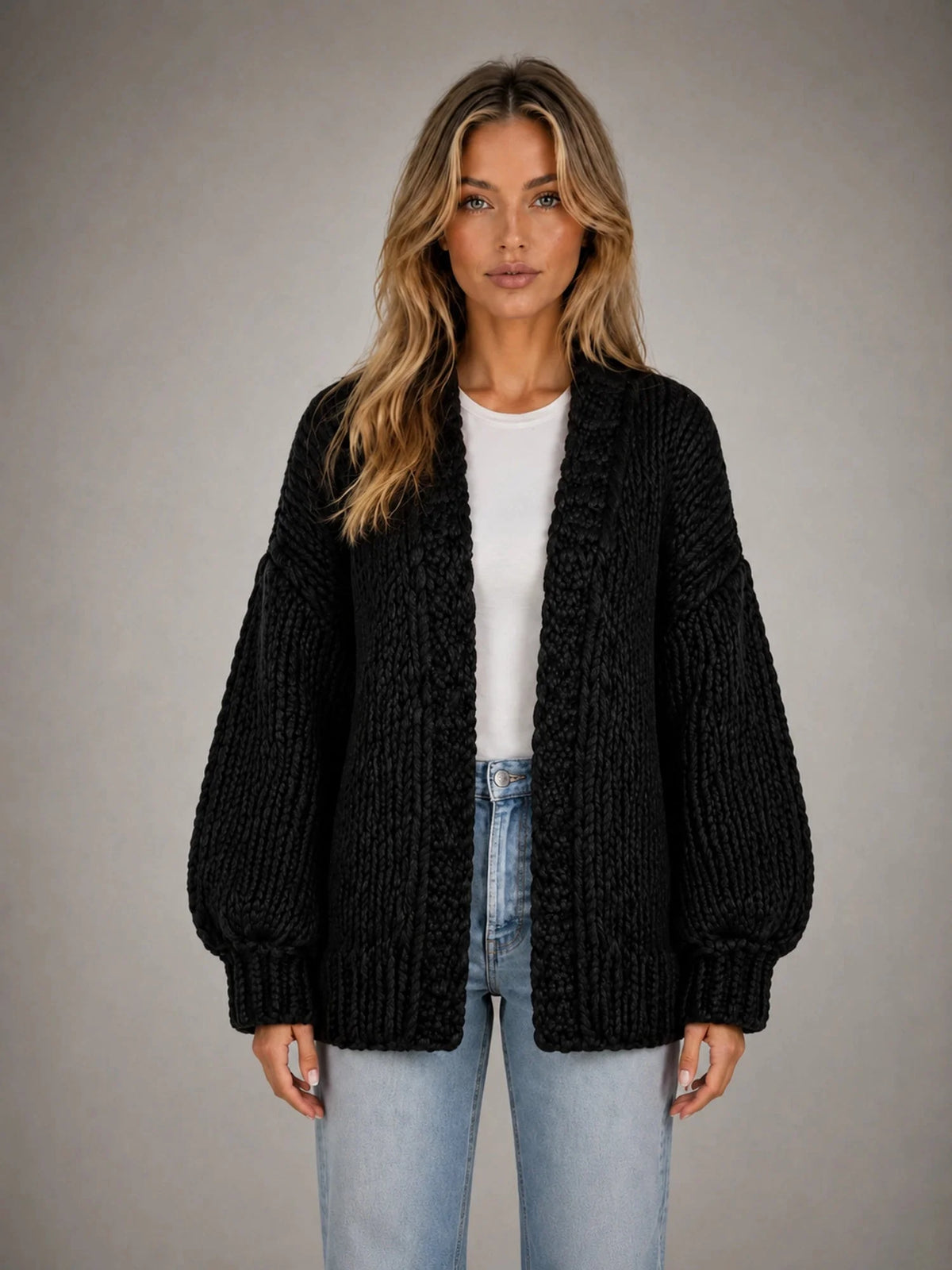 Oversized Chunky Knit Cardigan – Black