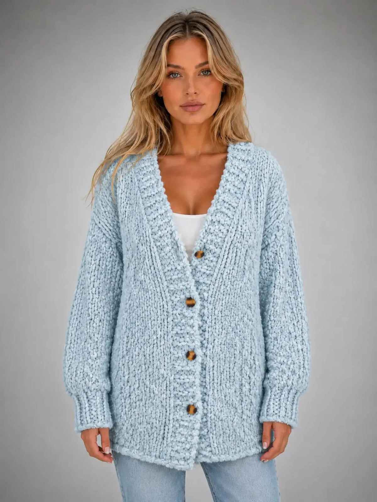 Oversized Chunky Knit Cardigan – Light Blue