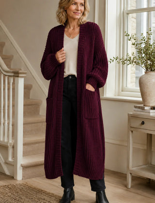 Longline Chunky Knit Cardigan – Burgundy