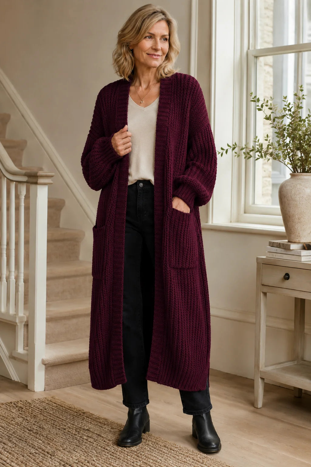 Longline Chunky Knit Cardigan – Burgundy