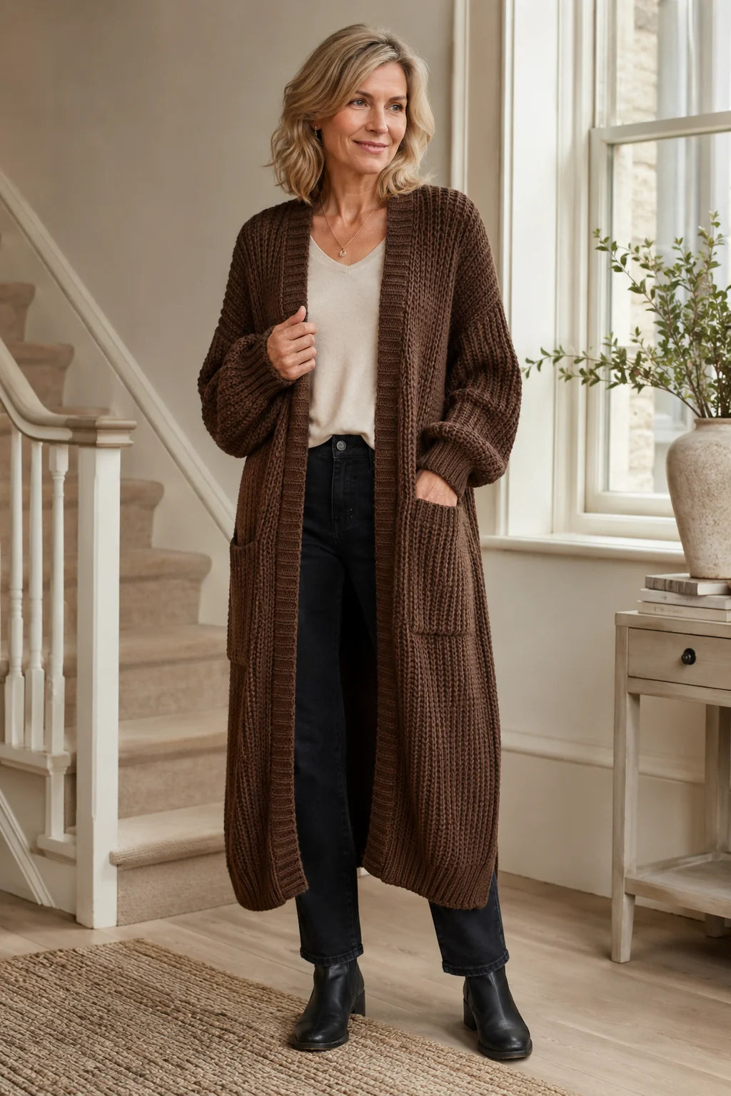 Longline Chunky Knit Cardigan – Brown