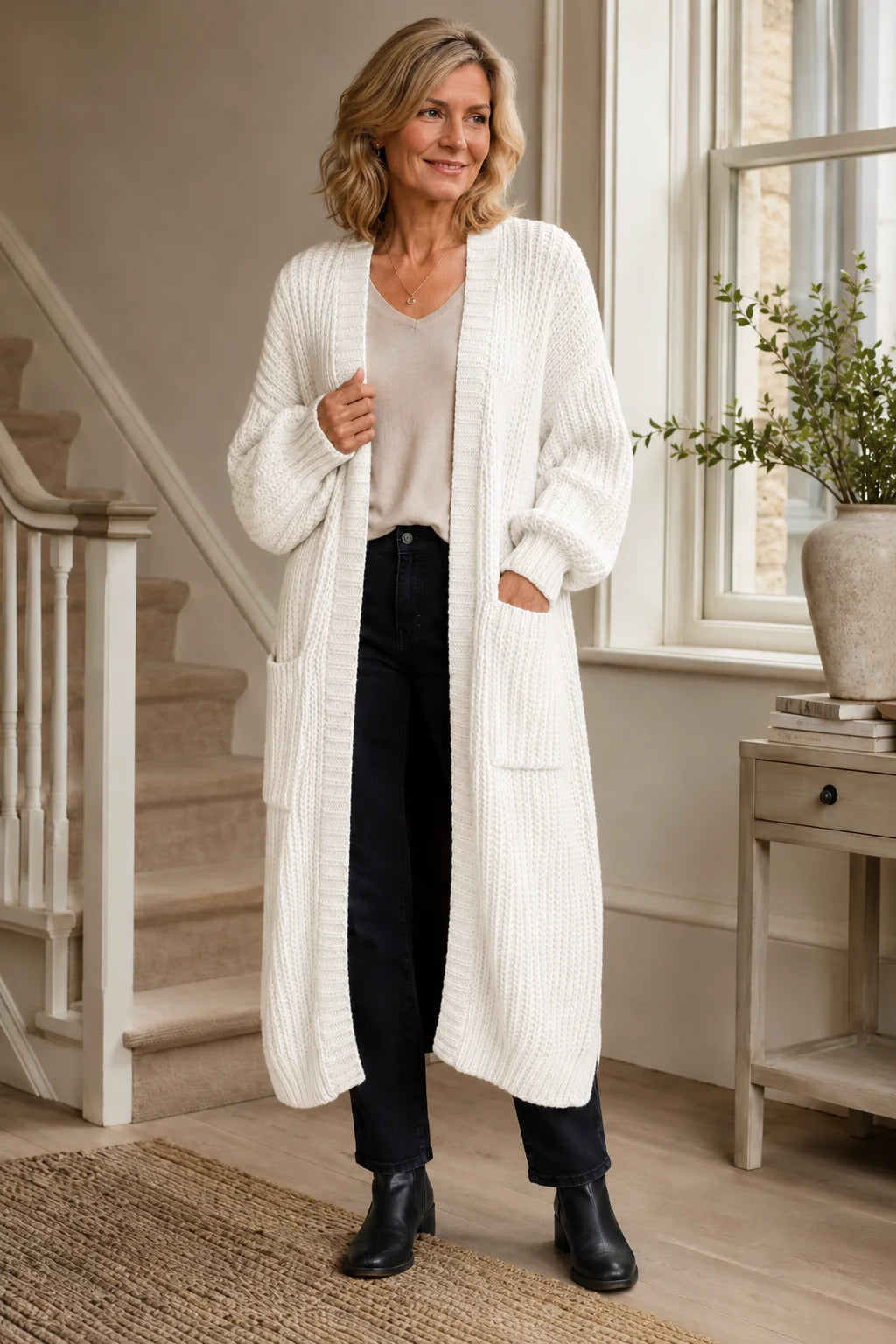 Longline Chunky Knit Cardigan – White