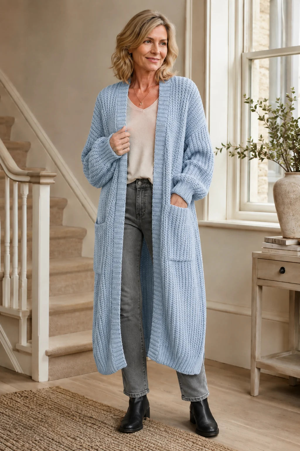 Longline Chunky Knit Cardigan – Light Blue