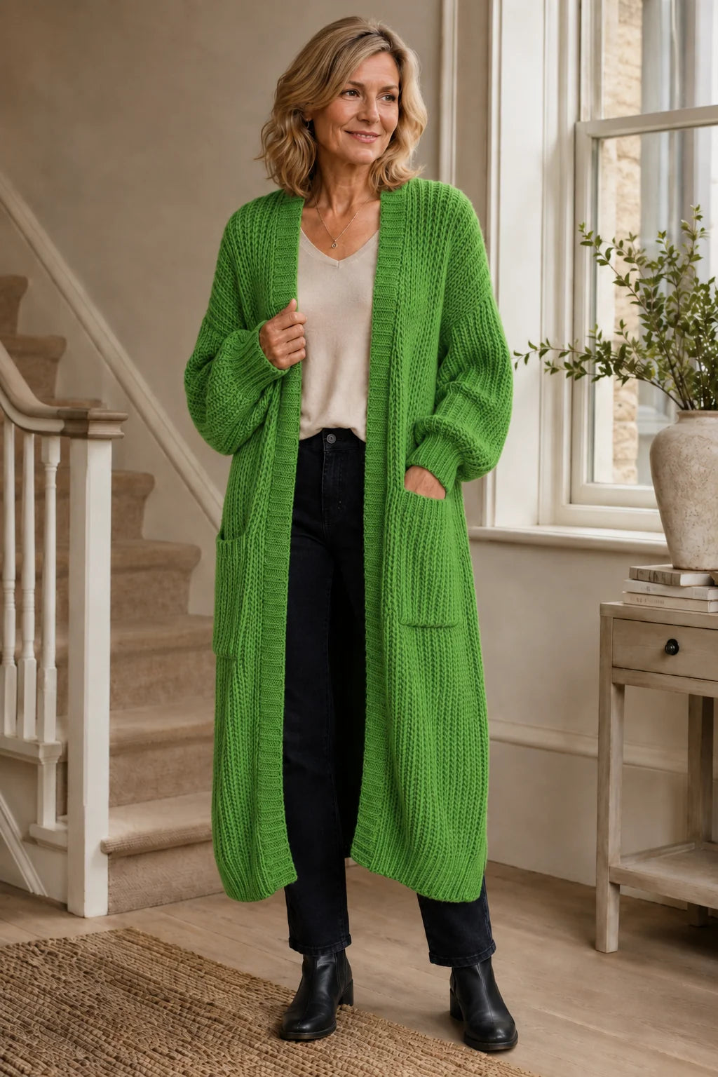 Longline Chunky Knit Cardigan – Green