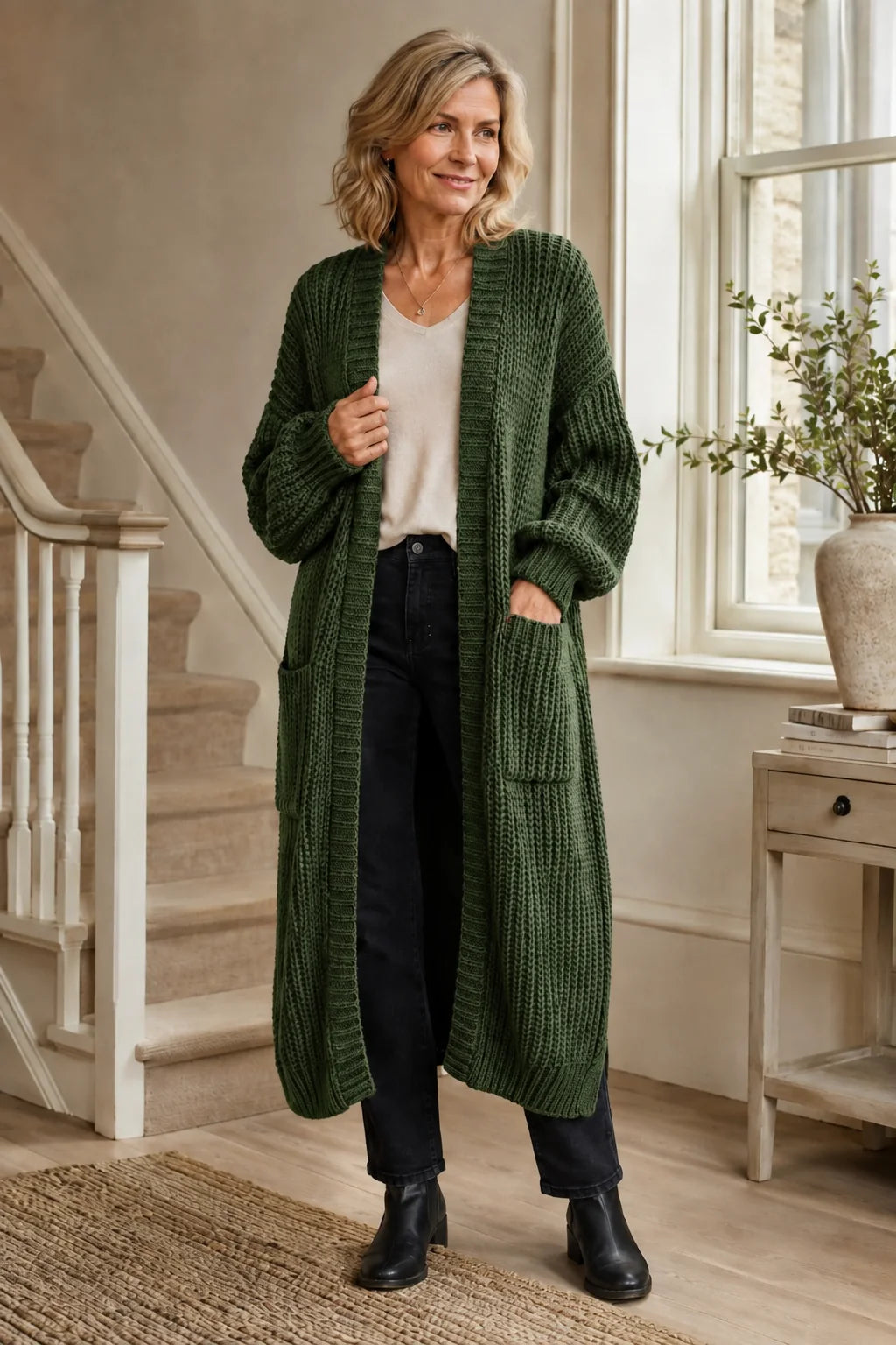 Longline Chunky Knit Cardigan – Army green
