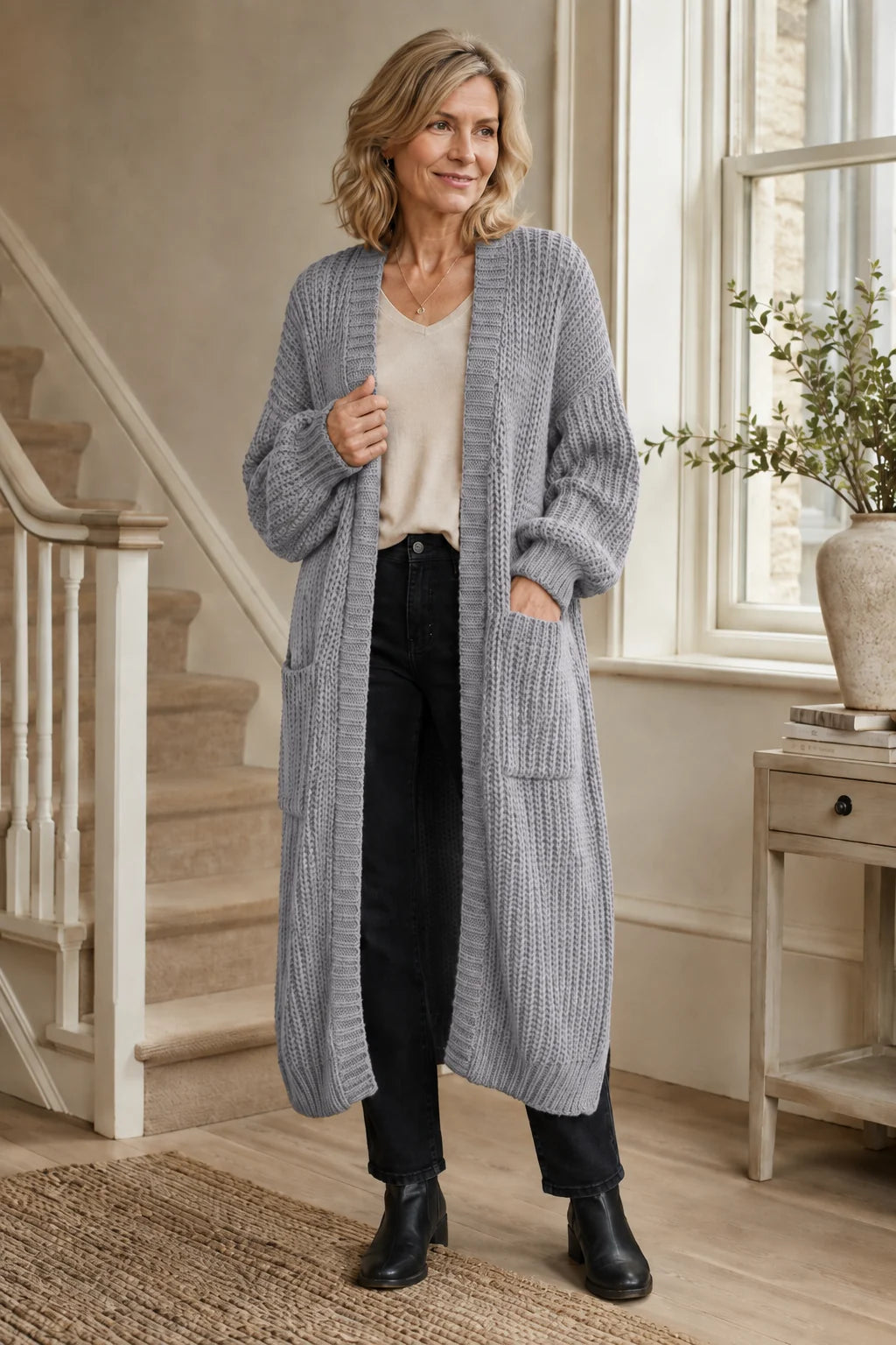 Longline Chunky Knit Cardigan – Light gray