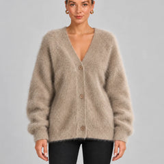 Fluffy Oversized V-Neck Cardigan – Taupe