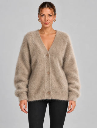 Fluffy Oversized V-Neck Cardigan – Taupe