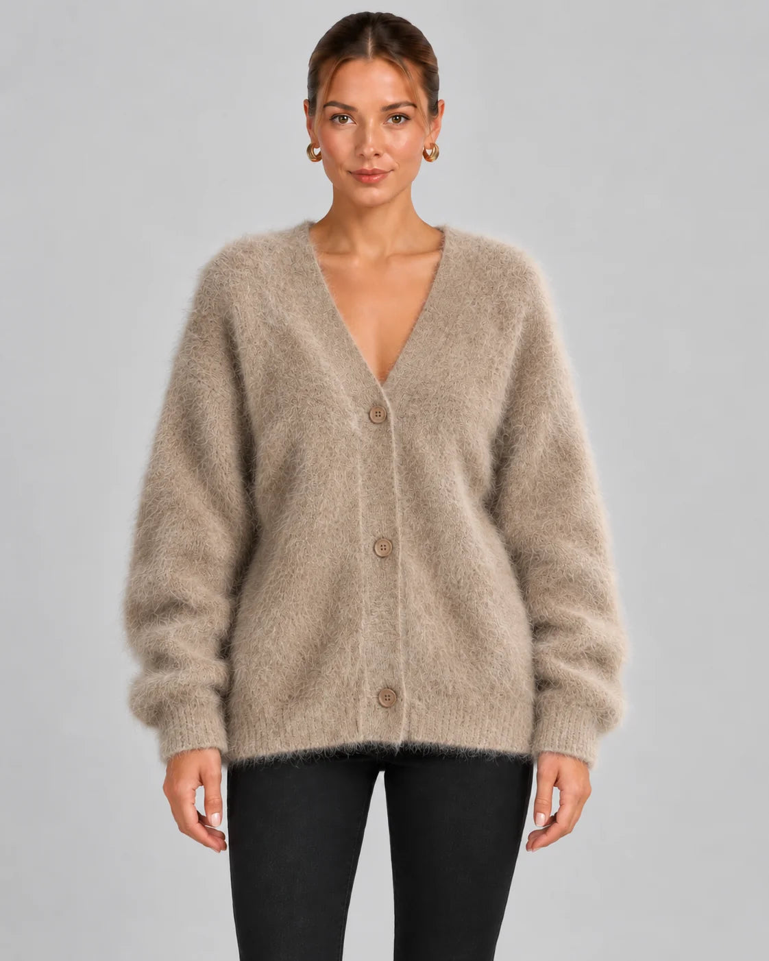 Fluffy Oversized V-Neck Cardigan – Taupe