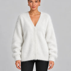 Fluffy Oversized V-Neck Cardigan – White
