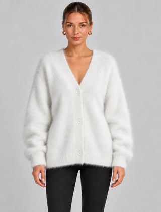 Fluffy Oversized V-Neck Cardigan – White