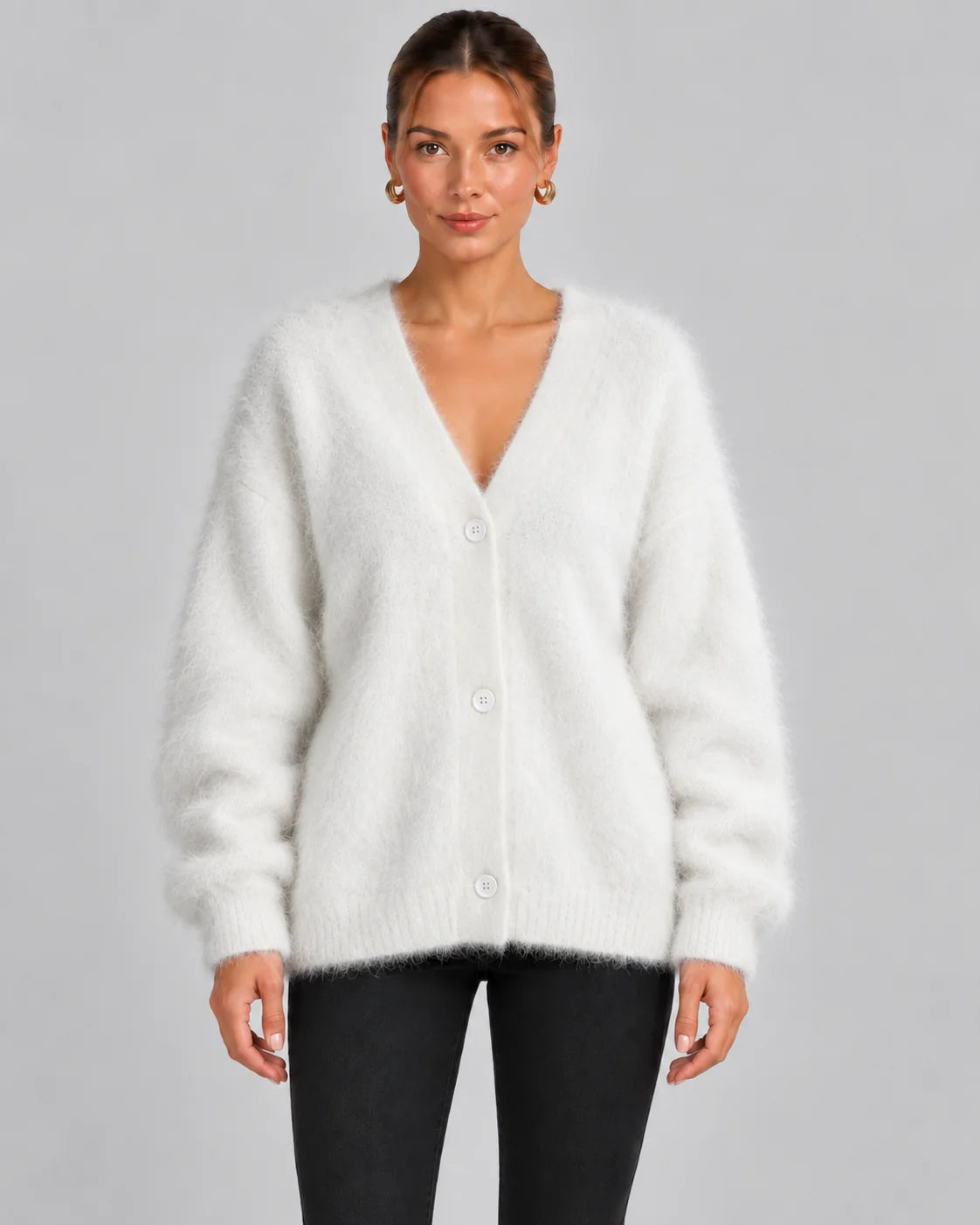 Fluffy Oversized V-Neck Cardigan – White