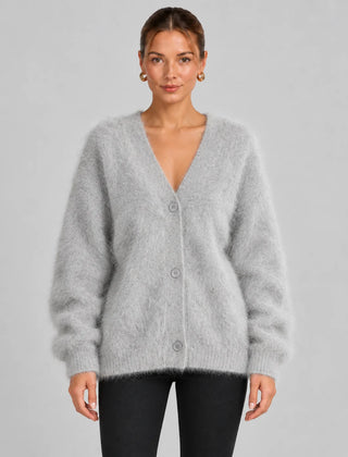 Fluffy Oversized V-Neck Cardigan – Grey