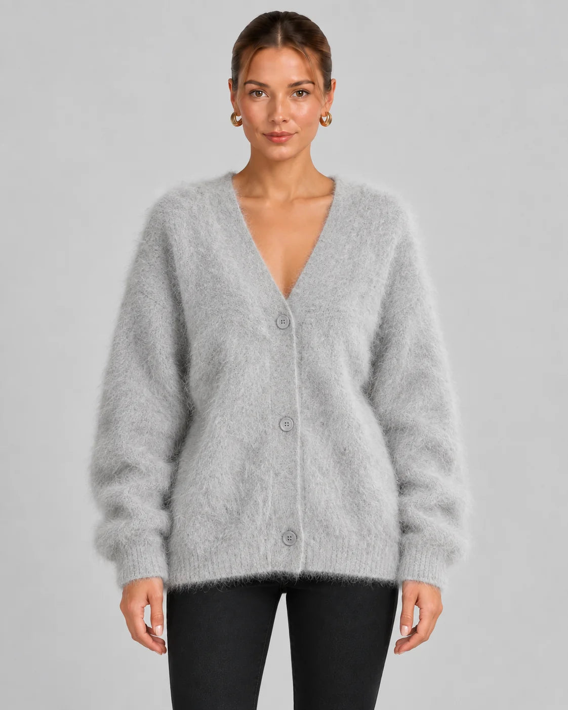 Fluffy Oversized V-Neck Cardigan – Grey