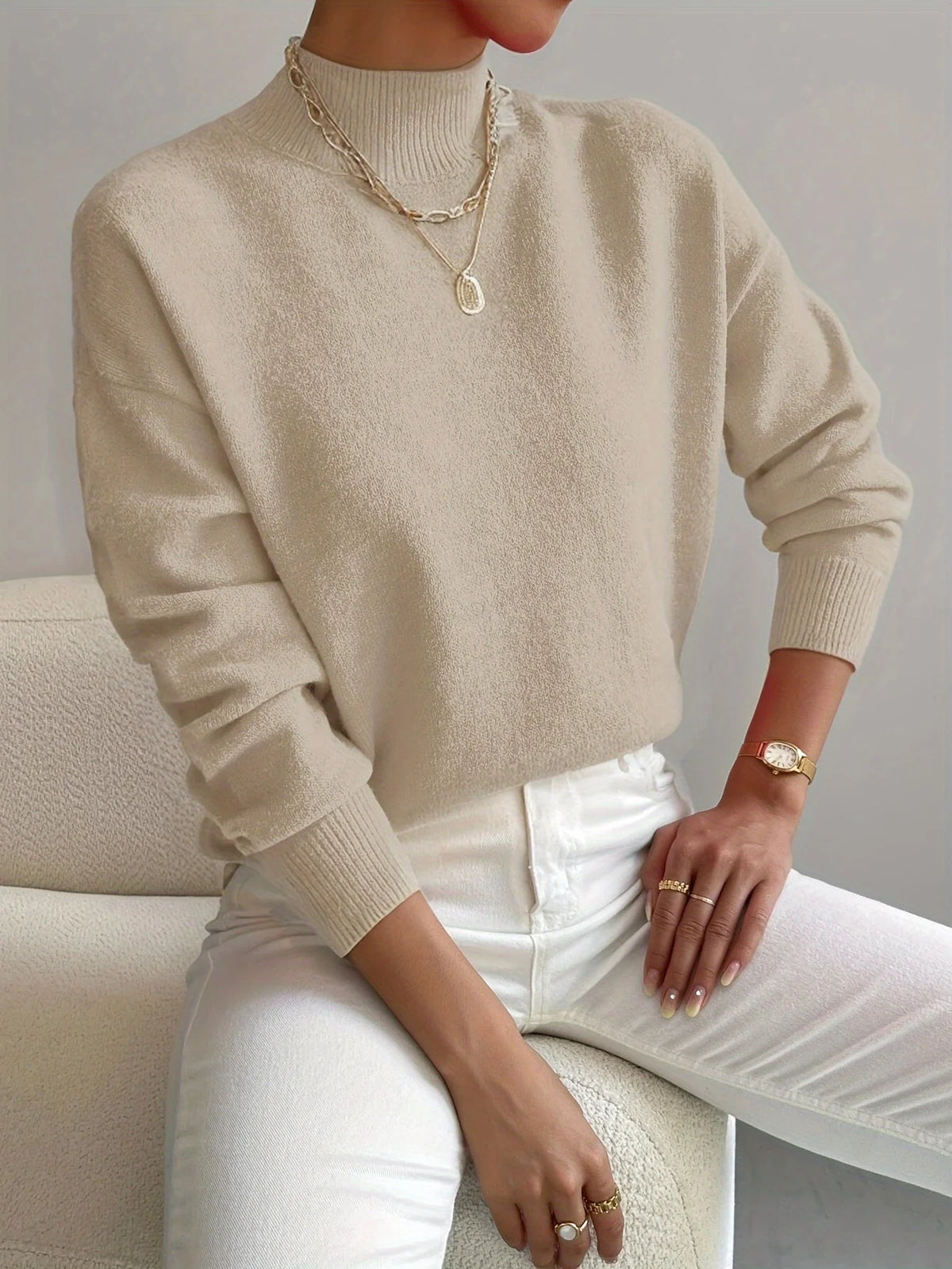 Mock Neck Knit Jumper – Beige