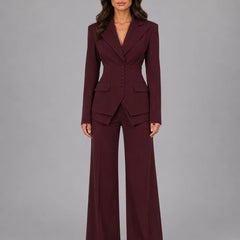 Cinched Waist Wide Leg Suit – Burgundy