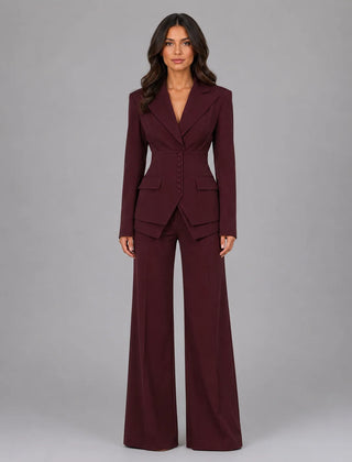Cinched Waist Wide Leg Suit – Burgundy