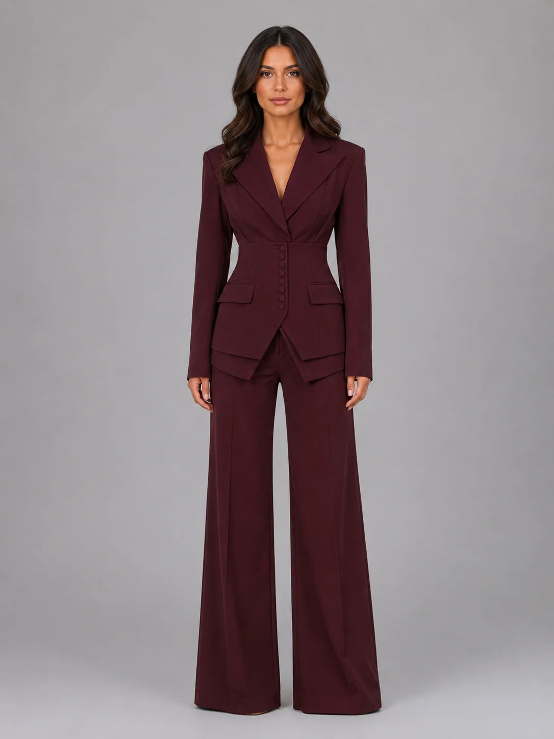 Cinched Waist Wide Leg Suit – Burgundy